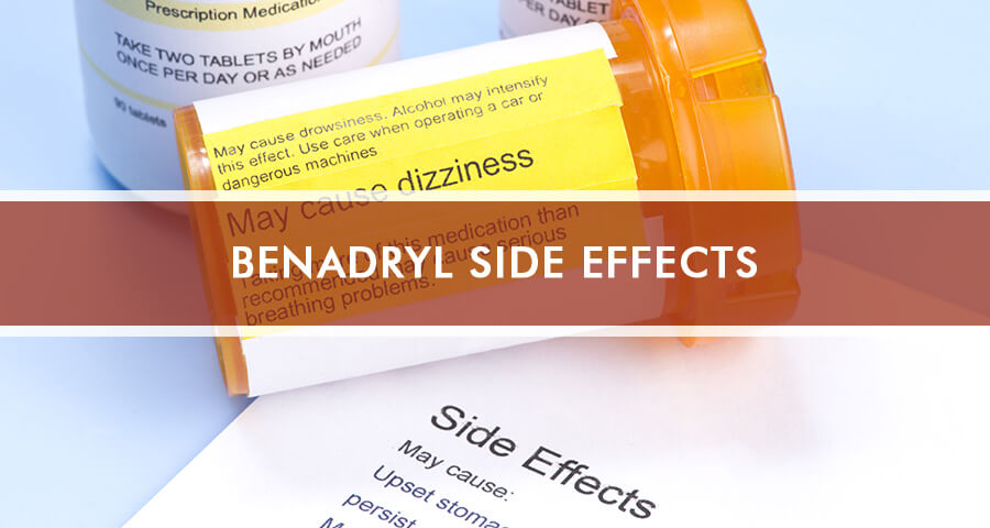 Bottle of Benadryl and a paper with it's side effects
