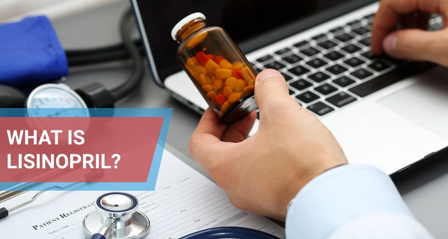 medicine doctor holds a bottle of lisinopril pills