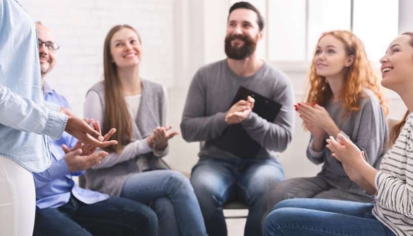 People getting addiction treatment, support therapy.