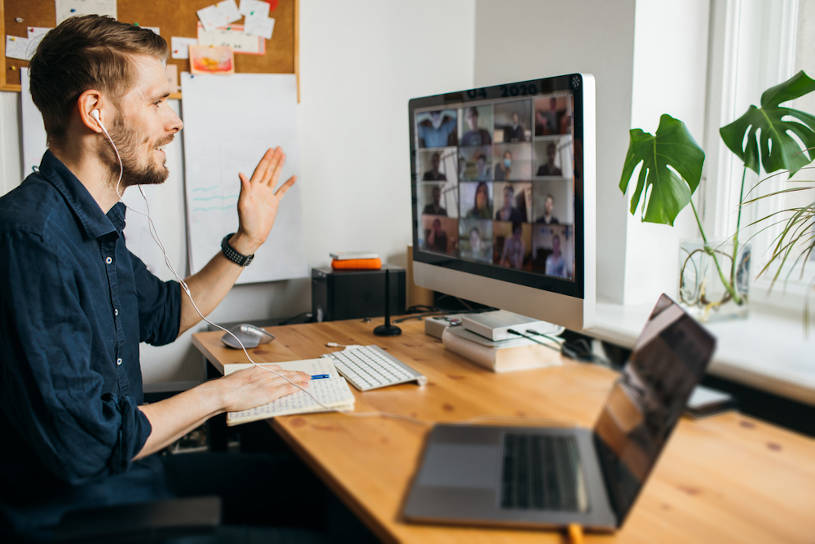 Young man speaks on AA online meeting.
