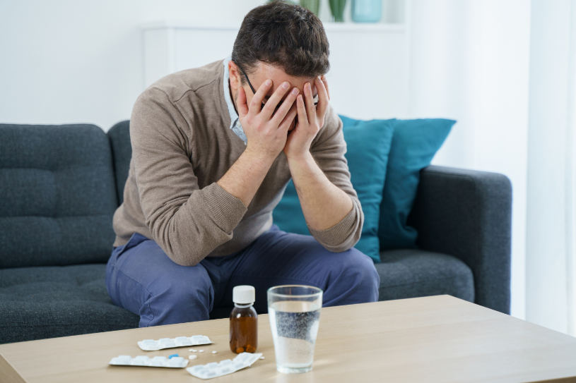 A man sitting on the sofa experiences benzos withdrawal symptoms.